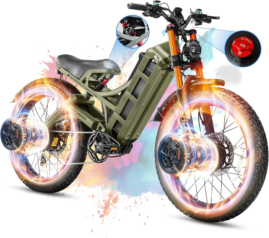 eAhora 2026 Romeo Pro 3/2 50-46Mph Electric Bike for Adults 5600W/4000W/2500W Dual Motor Ebike 60V/80Ah 52V/70Ah Long Range Fat Tire Full Suspension Electric Mountain Bicycle