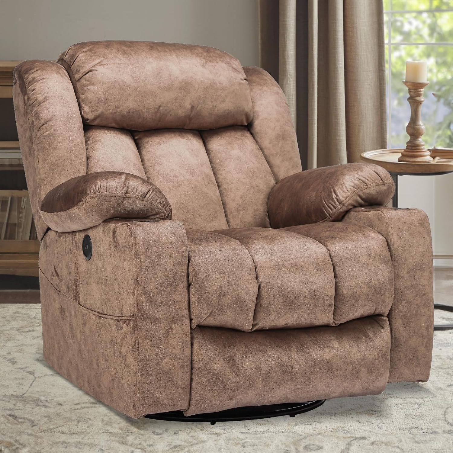 Swivel Rocker Recliner Chair with Heat and Massage, Manual Glider Rocking Reclining Chair, 360° Swivel Overstuffed Lounge Chair with 2 Cup Holders, Side Pockets & USB Ports, Fabric Brown