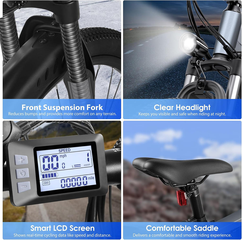 Electric Bike for Adults, 26' Ebike with 1000W Peak Motor, 20MPH 50Miles Electric Mountain Bike with 48V Removable Battery, 7-Speed, Front Suspension, LCD Display, UL 2849 Certified