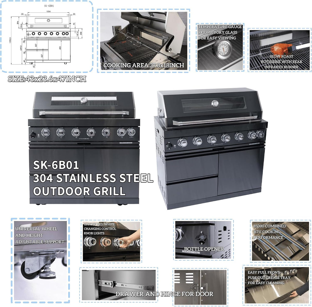 82' Natural Gas Outdoor Kitchen Island - 43-Inch 6-Burner 85,000 BTU Deluxe Stainless Steel Grill Wine Cooler Compact Refrigerator Rotisserie Granite Countertops/Sink,Black
