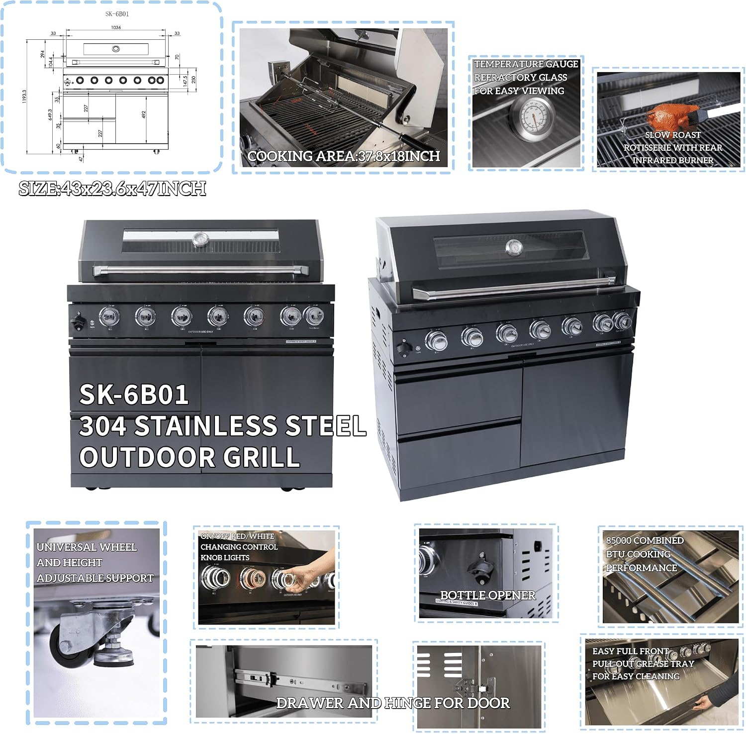 82' Natural Gas Outdoor Kitchen Island - 43-Inch 6-Burner 85,000 BTU Deluxe Stainless Steel Grill Wine Cooler Compact Refrigerator Rotisserie Granite Countertops/Sink,Black