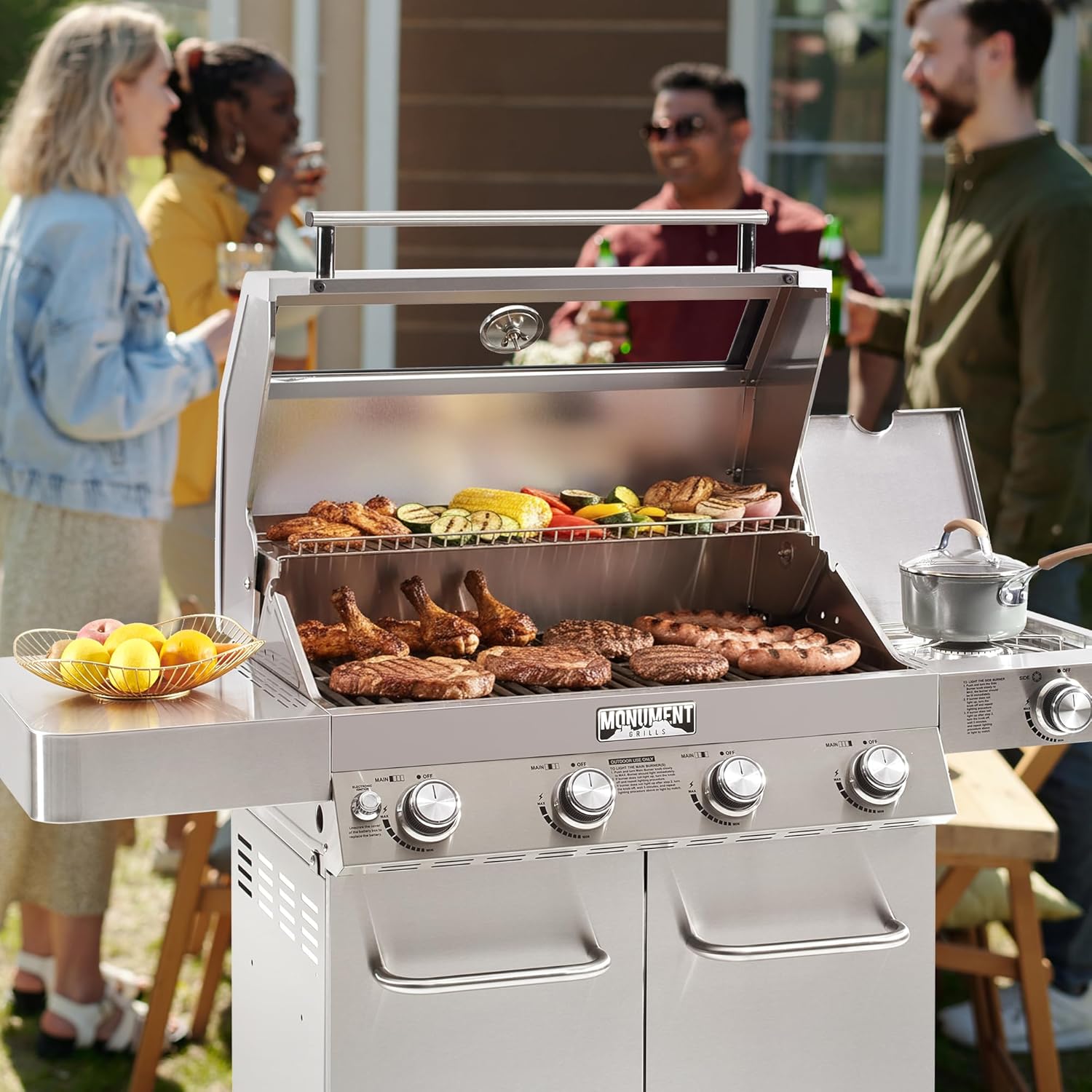 Monument Grills 4+1 Burner Convertible Natural Gas Grill Stainless Steel Propane Grill with a Side Burner, a Built-In Thermometer, Large Cabinet Style Grill