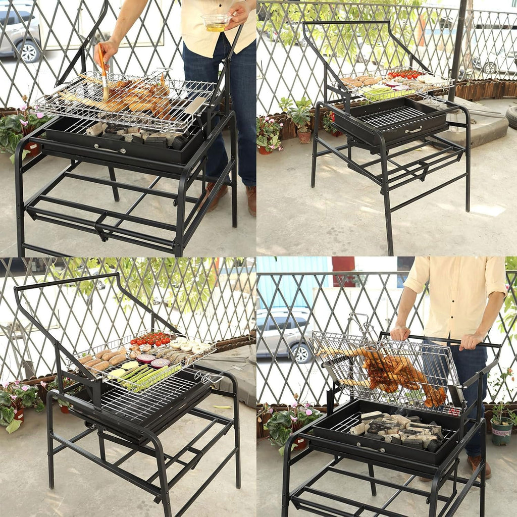 Outdoor Foldable Barbecue Grill, 360° Rotating Charcoal Grills, Stainless Steel Flipping BBQ Grill for Travel, Camping, Party, Bar, Entertainment