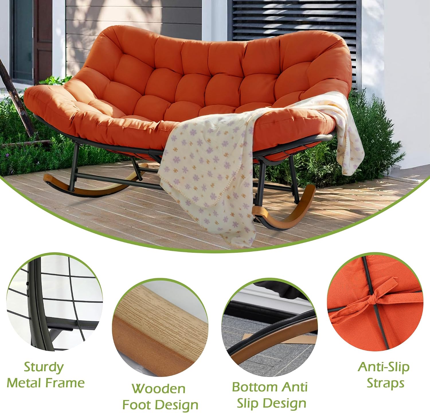 Double Papasan Rocking Chair Outdoor & Indoor, 660LBS Capacity Oversized Patio Rocking Chair for 2-Person with Thick Cushion and Frame,Egg Shaped Rocker for Garden, Deck, Living Room,Red