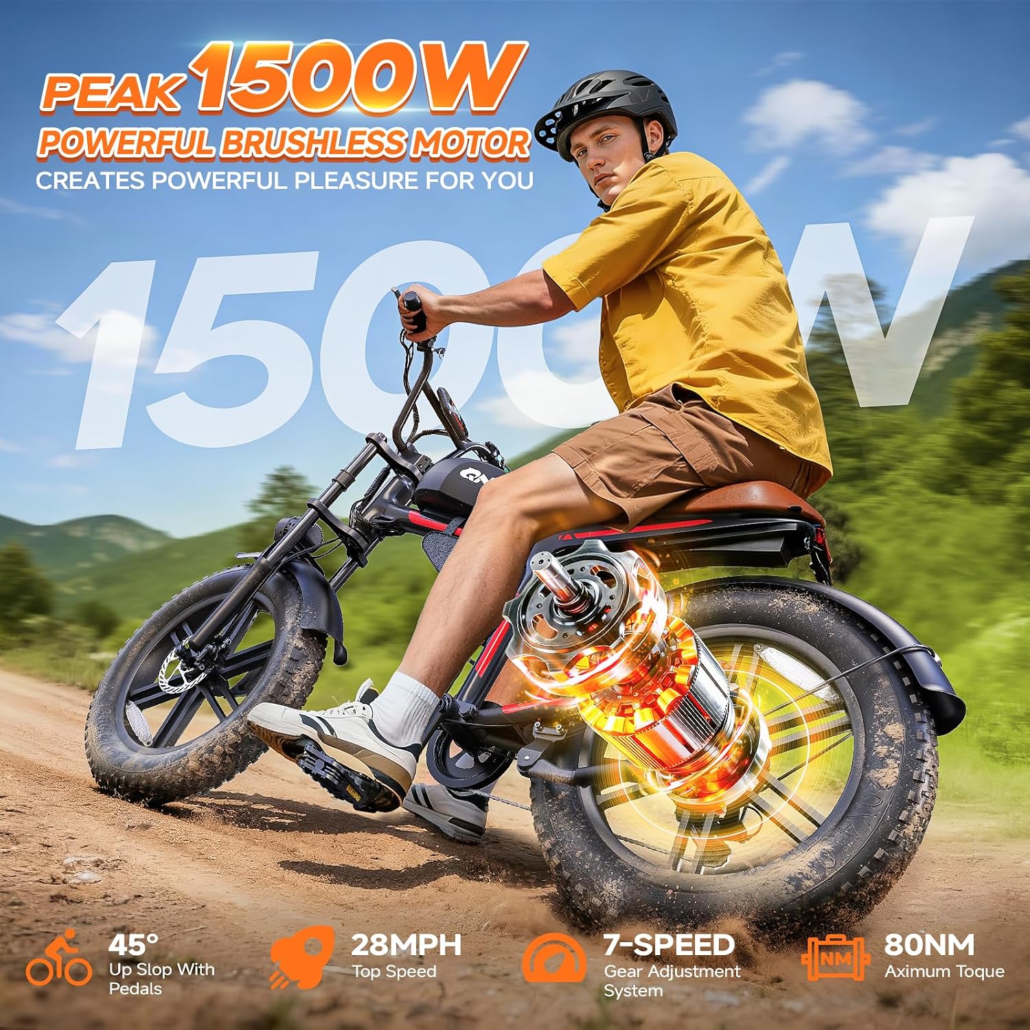 QNUT Electric Bike for Adults - 1500W Peak Motor 28MPH Speed, 48V 18Ah Battery, 60-90 Miles Range, 7-Speed Transmission, 20'x4.0' Retro Motorcycle Design for City & Trail Riding