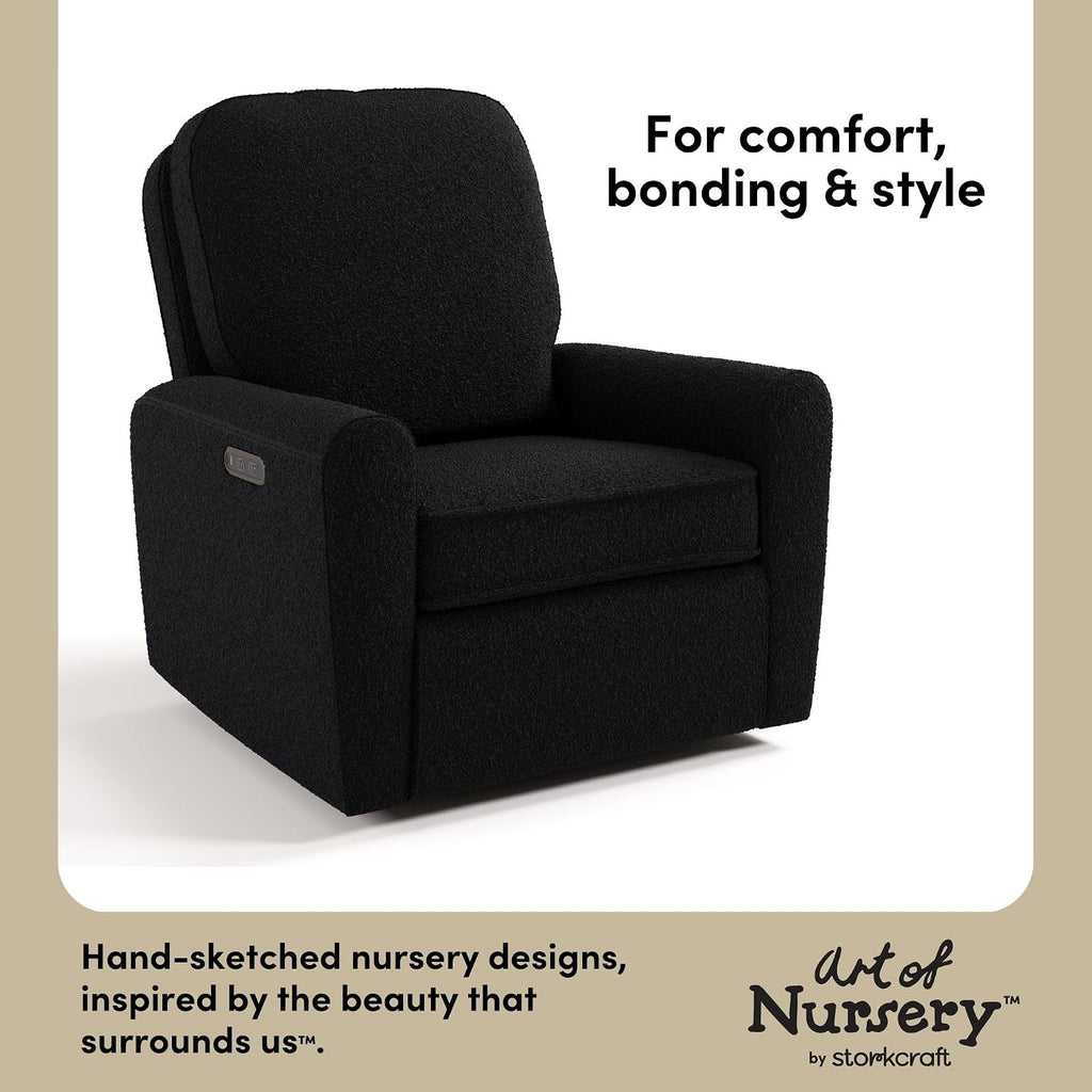 Storkcraft Amalfi Deluxe Power Recliner Swivel Glider – Premium Electronic Nursery Rocking Chair, Oeko-TEX 100 Certified, Includes Dual-USB Charging Port with USB-A & USB-C (Black Boucle)