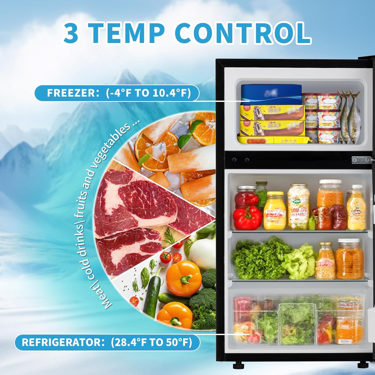 Erivess 2 Door Mini Fridge with Freezer, 3.2 Cu.Ft Refrigerator and Freezer, Adjustable Thermostat, Energy Saving, Low Noise, Small Refrigerator for Bedroom, Dorm, Office
