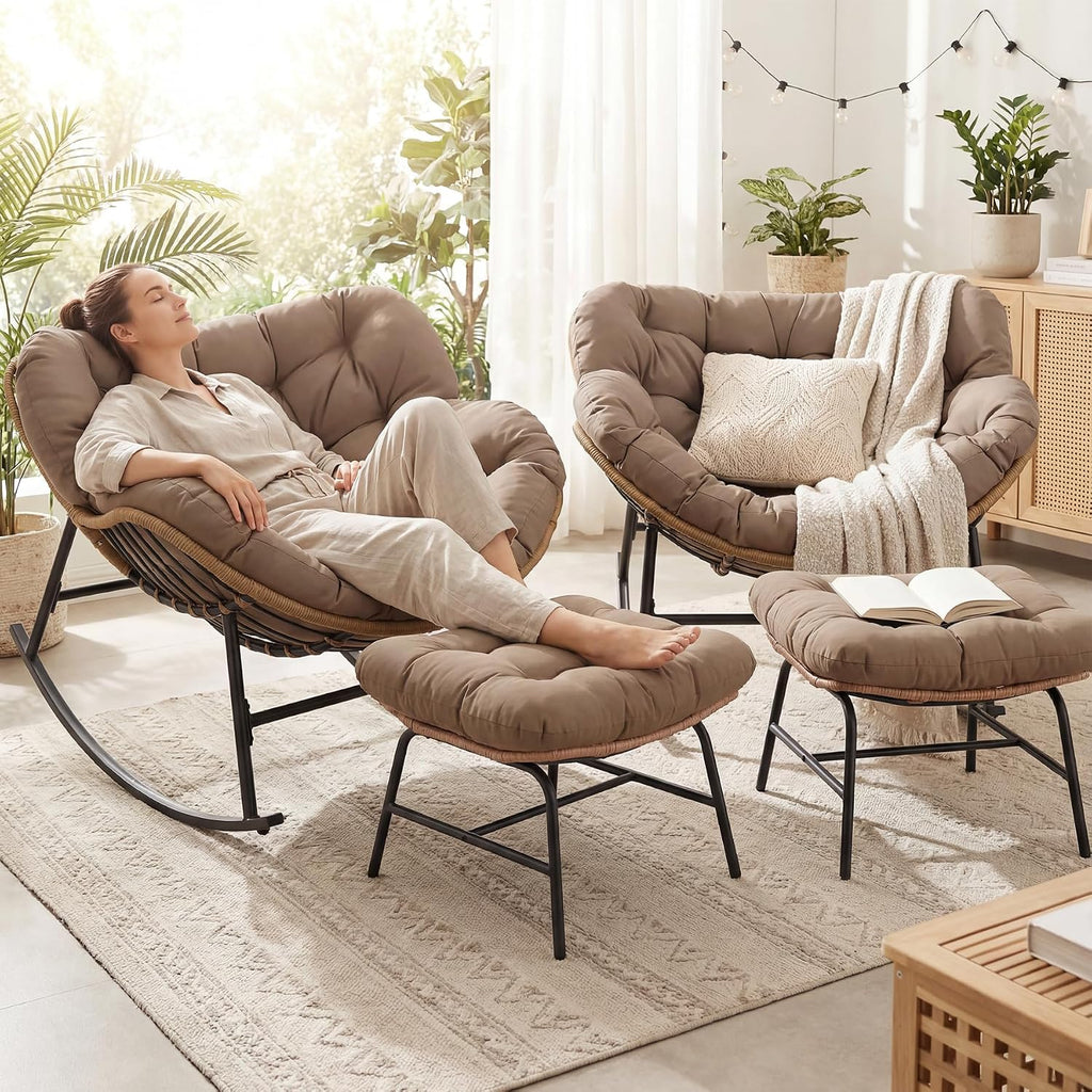 NICESOUL Patio Egg Rocking Chair Set of 2 with Cushions, Indoor Outdoor Oversized Papasan Rockers with Ottoman, 450Lbs Heavy Duty Double Recliner Glider Loung Chairs for Porch Balcony, Brown