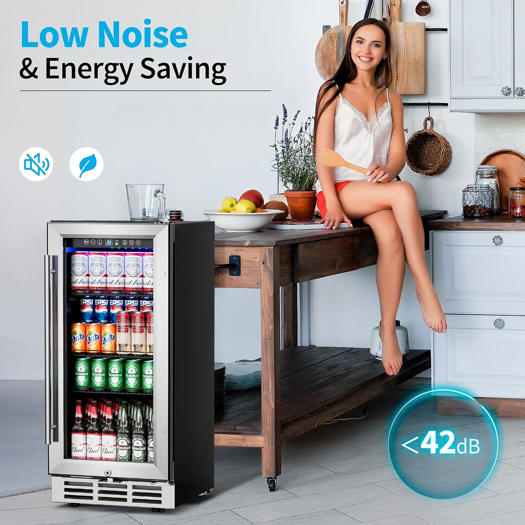 Feelfunn 15 Inch Beverage Refrigerator Under Counter - 126 Cans Beverage Fridge with Glass Door for Beer Wine Soda - Built-in or Freestanding Wine Cooler with Safety Lock for Home Kitchen Bar