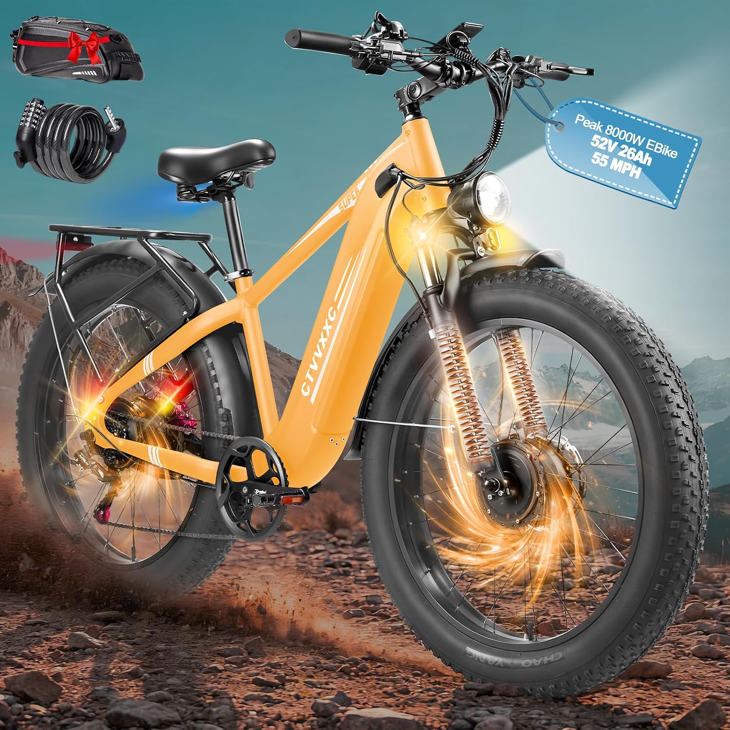 8000W Peak 45-50MPH 52V 26Ah 1352Wh Battery Dual Motor Bike for Adults, 95-105 Miles Long Range with Hydraulic Disc Brake,26'x4.0' Fat Tire Electric Mountain E Bike 7-Speed Gear Lockable Suspension