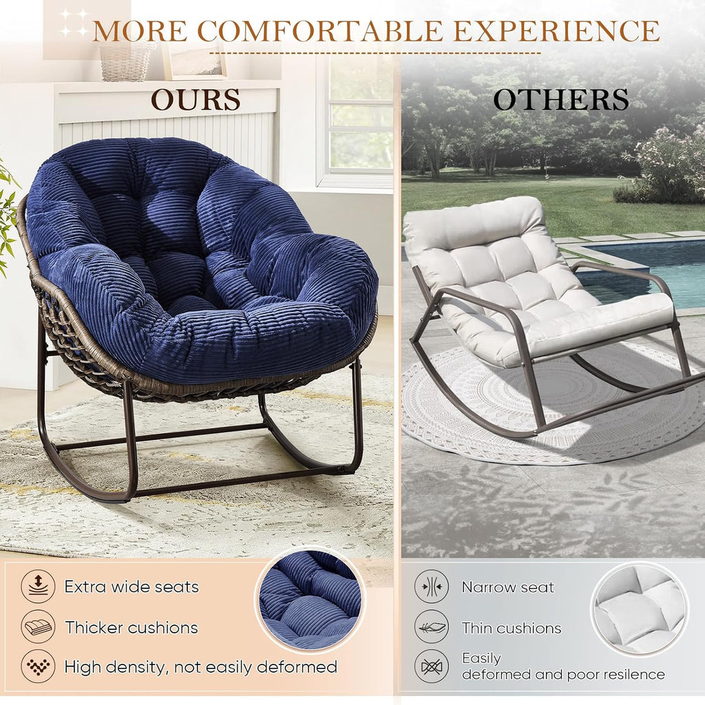 Outdoor Indoor Rocking Chair with Padded Cushion, Oversized Patio Papasan Rocking Egg Chair, All Weather Wicker Egg Rocking Chair, Comfy Large Rattan Rocker Lounge Chair for Front Porch,Garden, Patio