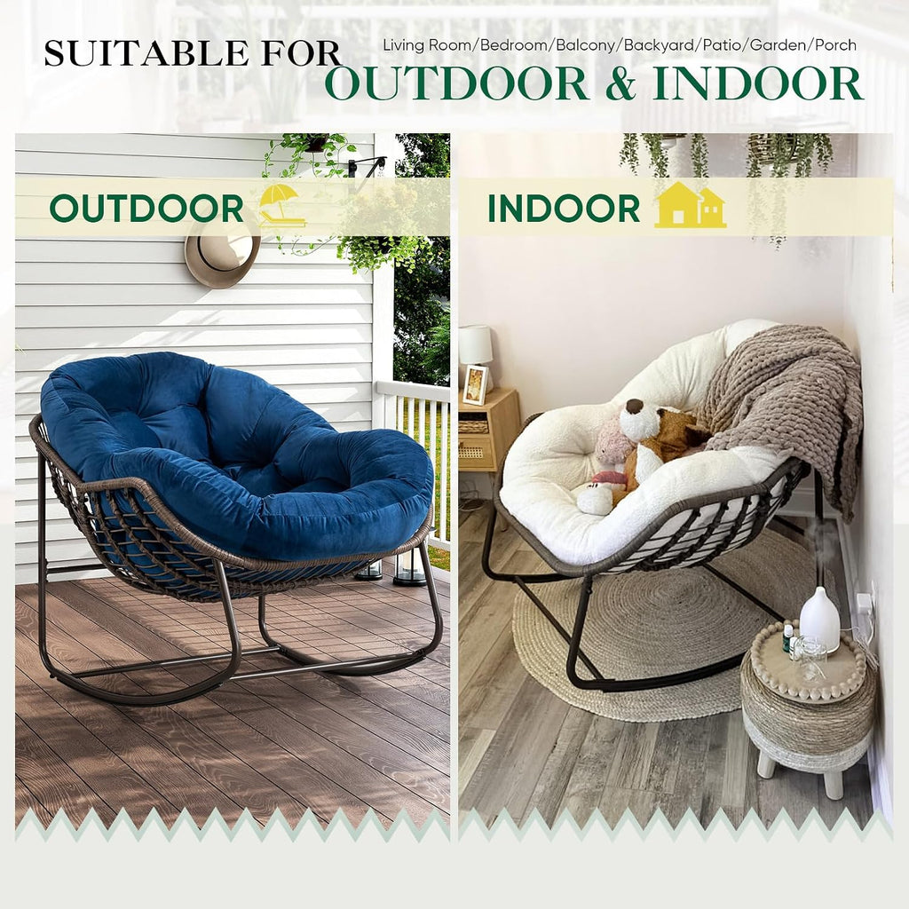 Deolme Large Papasan Rocking Chair with Cushion, Oversized Comfy Reading Chair Lounging Indoor Outdoor Rocker for Front Porch Backyard Bedroom Living Room Egg Chair Rattan (Blue Padded)