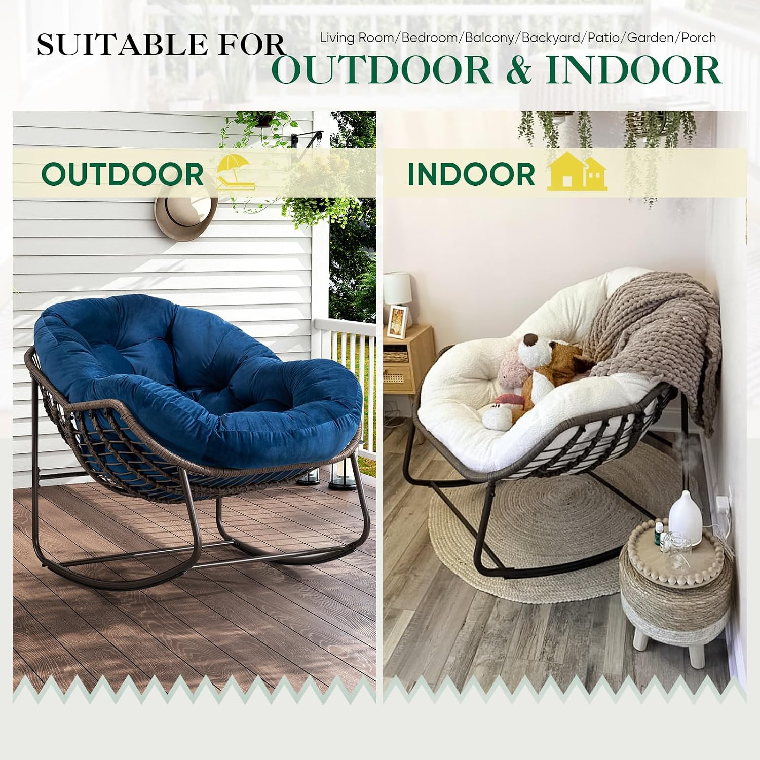 Deolme Large Papasan Rocking Chair with Cushion, Oversized Comfy Reading Chair Lounging Indoor Outdoor Rocker for Front Porch Backyard Bedroom Living Room Egg Chair Rattan (Blue Padded)