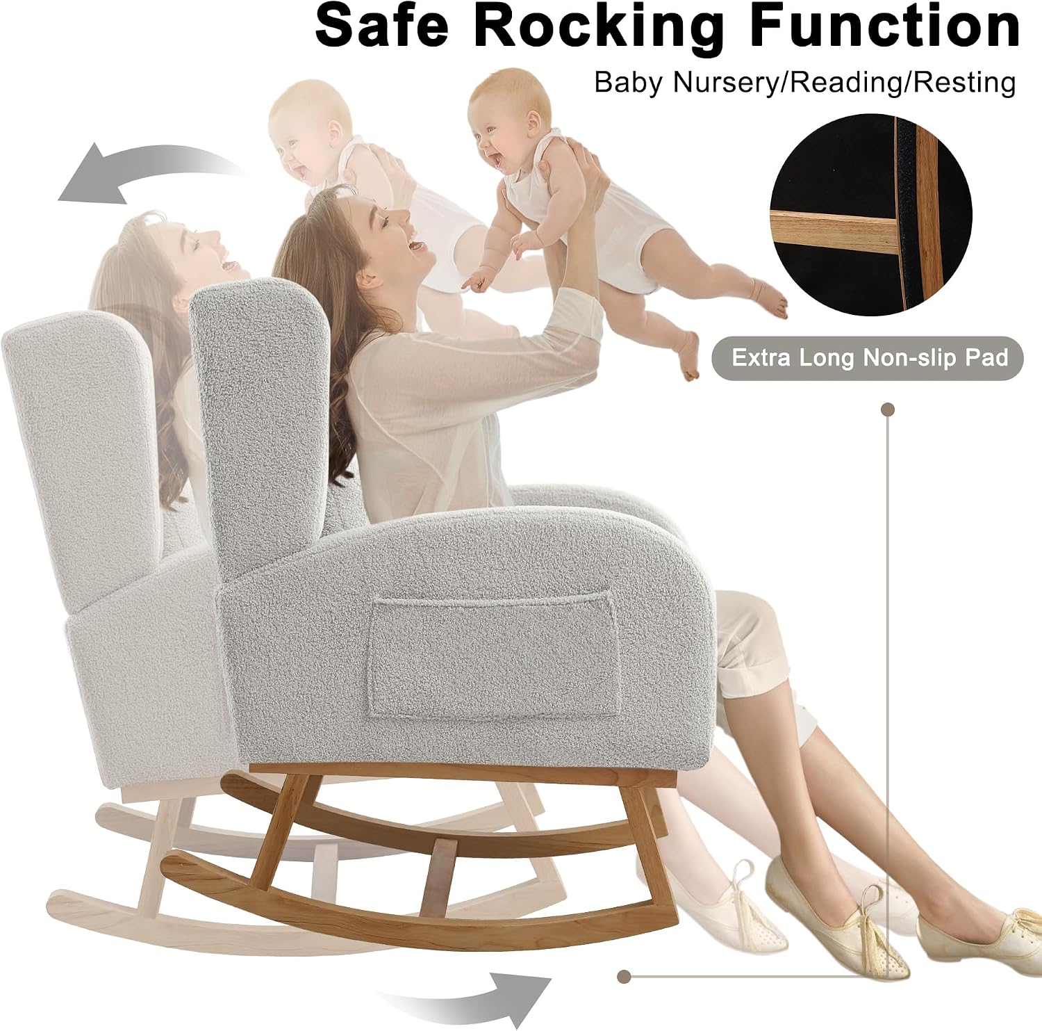HCHAIRH Nursery Rocking Chairs Upholstered Rocking Chair for Nursery Cozy High Backrest Modern Indoor Rocking Chair for Living Room Bedroom Adults (Teddy Light Gray)