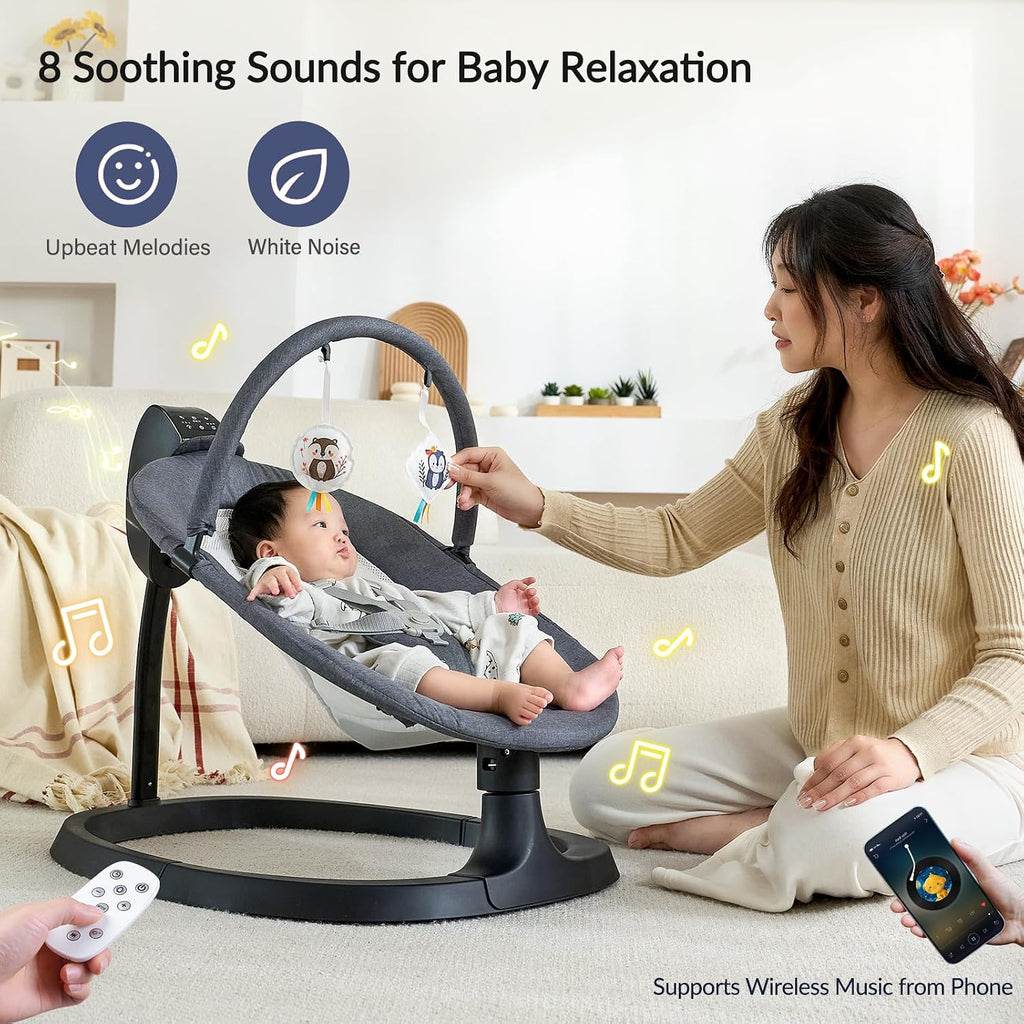 VaVaSoo 2-in-1 Electric Baby Swing, Toddler Seat up to 66 lbs, Dual-Arm Support for Enhanced Stability, 3 Swing Motions & 8 Soothing Sounds, Baby Rocking Chair with Remote,Adjustable Height, Dark Gray