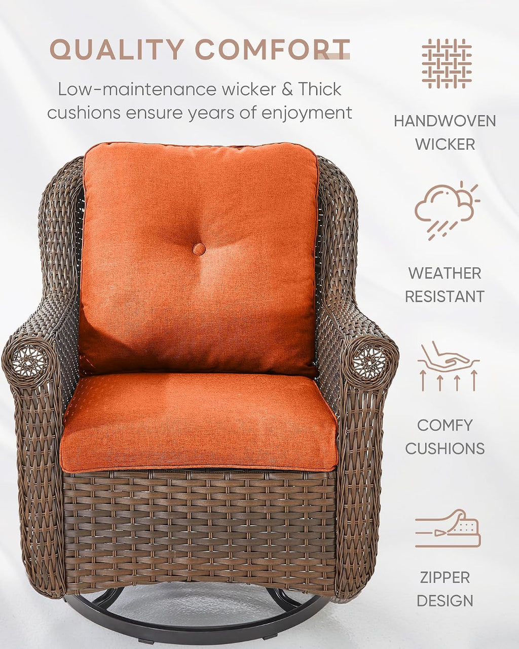 Patio Chairs Outdoor Swivel Glider - Set of 4 High Back Outside Brown Wicker Rattan Rocking Chair with Thick Cushion for Porch Apartment Deck Yard Poolside Garden - Orange