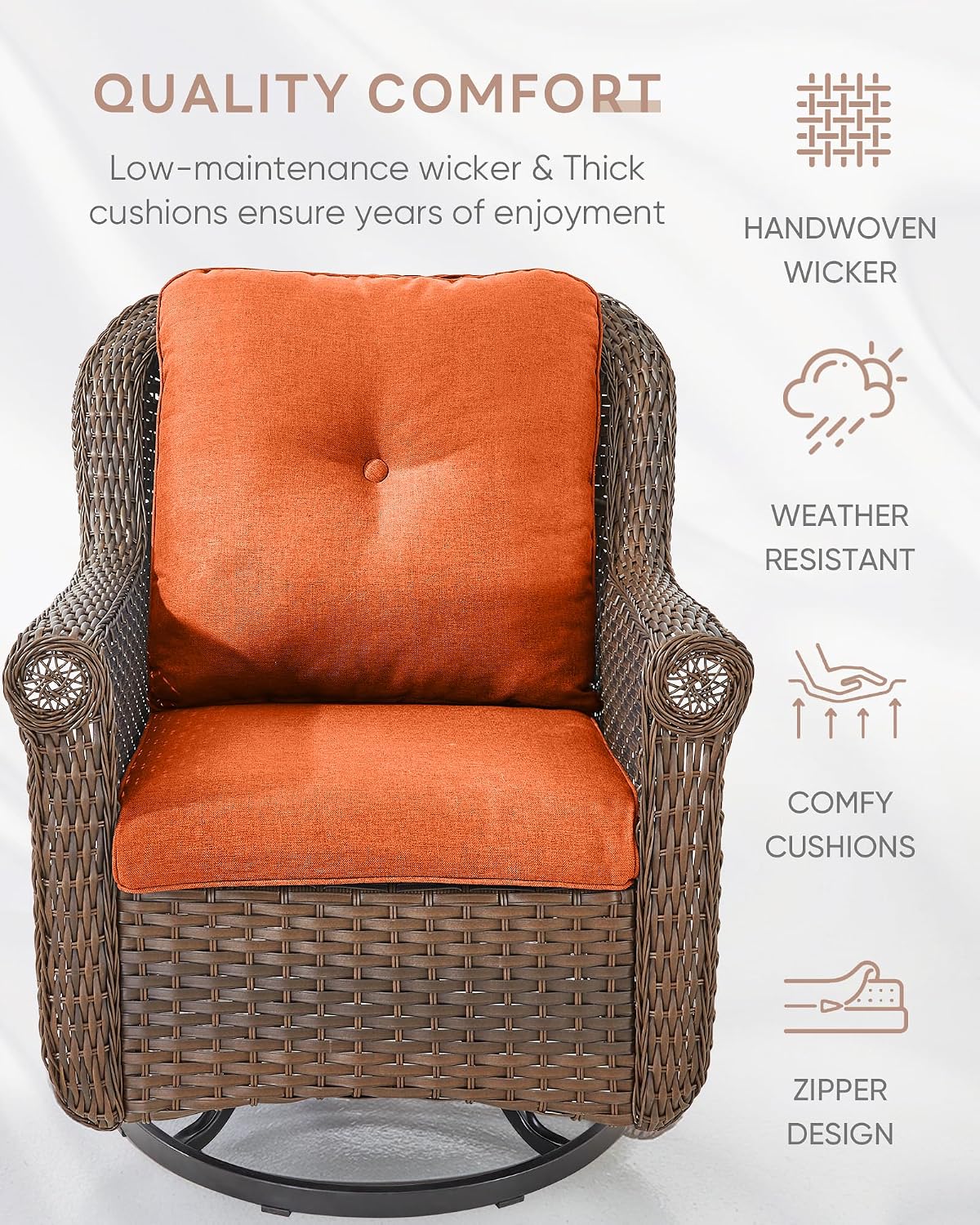 Patio Chairs Outdoor Swivel Glider - Set of 4 High Back Outside Brown Wicker Rattan Rocking Chair with Thick Cushion for Porch Apartment Deck Yard Poolside Garden - Orange