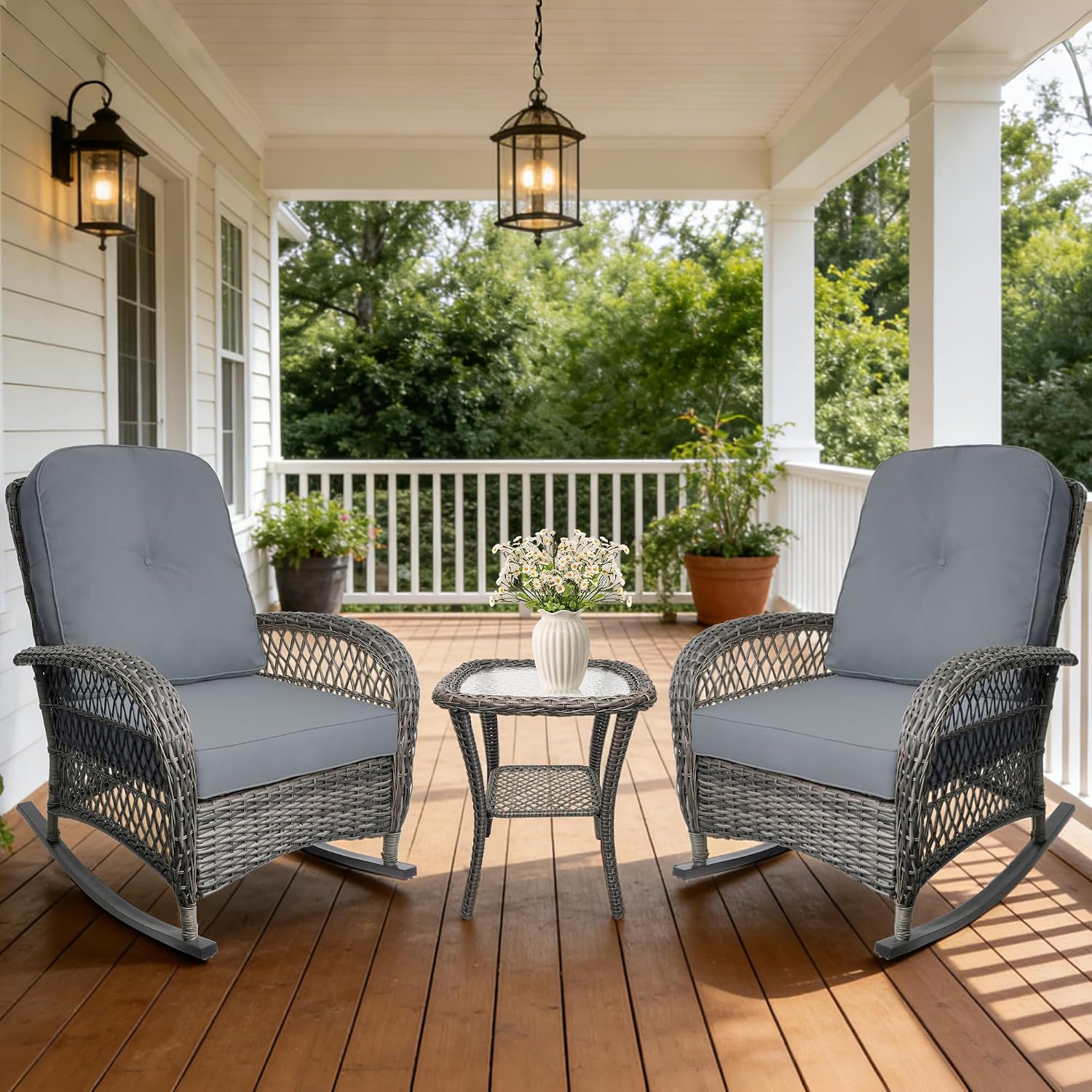Wicker Rocking Chair Set of 2, 3-Piece Outdoor Patio Rocker Chair with Cushions & Steel Frame, All-Weather Outdoor Rattan Rocking Chair with Side Table for Lawn Porch Garden (Grey, Style 3)