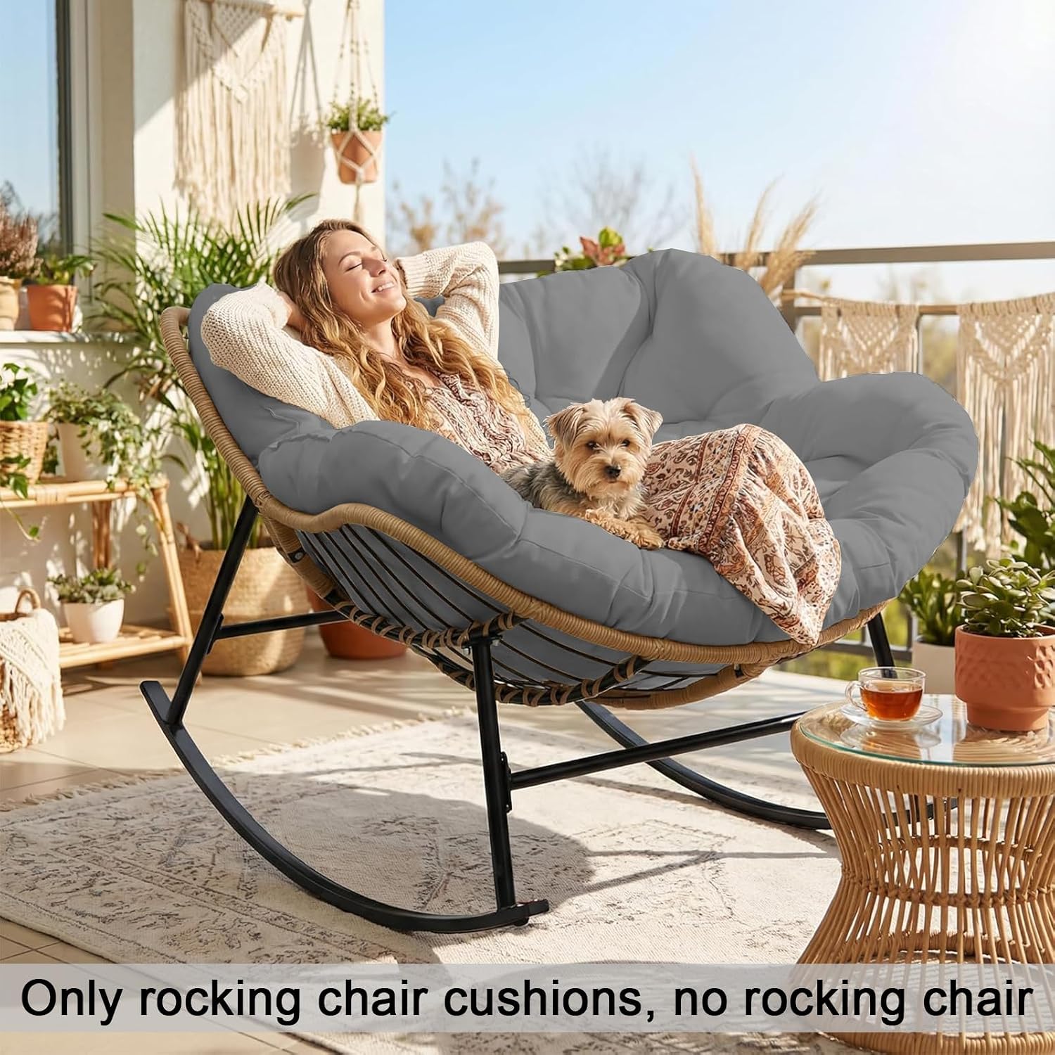 Thickened Waterproof Papasan Rocking Chair Cushion, 6.3'' Patio Egg Chair Pad with Ties, Outdoor/Indoor Rattan Hammock Cushions for Porch, Garden, Balcony(Only cushion no chair) (French Grey)