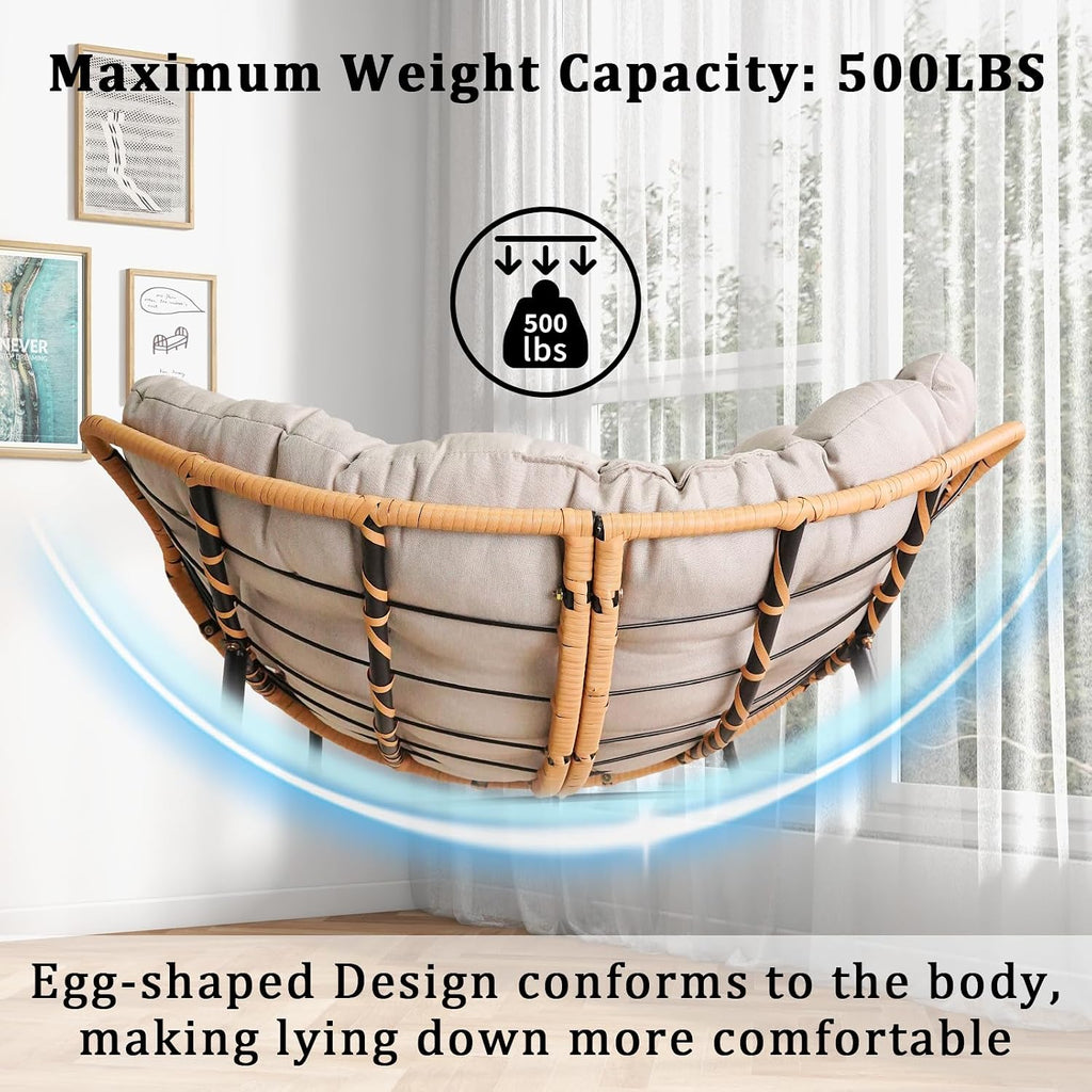 Rocking Papasan Chair Outdoor/Indoor, Rattan Wicker Lounge Rocker Egg Chair with Thick Cushion, Alloy Frame & Anti-Tip Wide Base for Patio, Living Room, Bedroom, Warm Beige