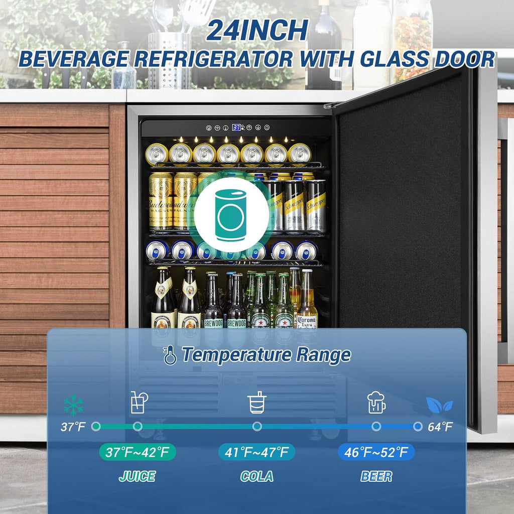 Outdoor Beverage Refrigerator 24 Inch Wide, Stainless Steel Beverage Fridge 180 Cans for Undercounter Built-in or Freestanding, for Home and Patio, Water Proof, Fast Cooling, Low Noise, 37-65 °F