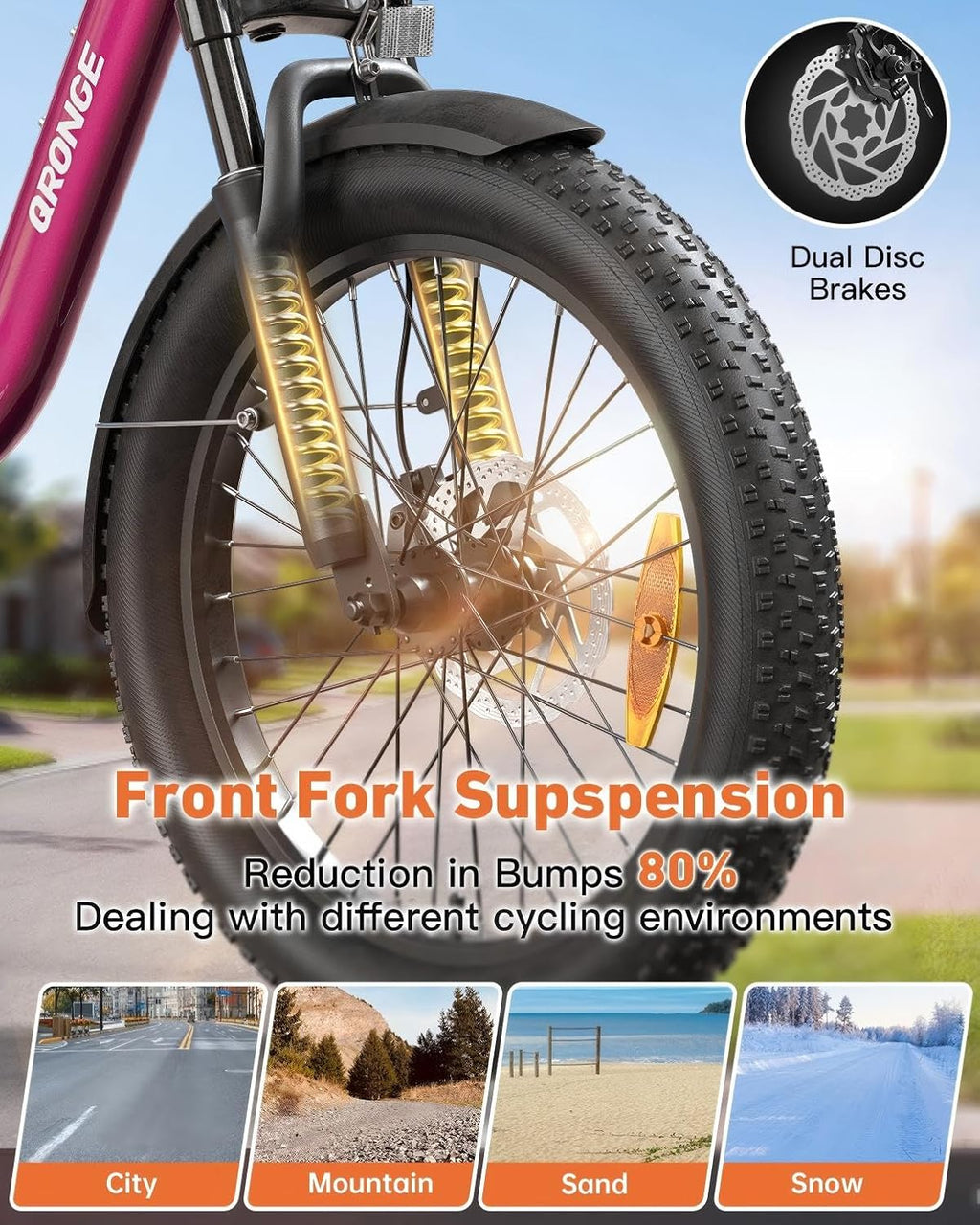 QRONGE Electric Bike, 1000W Peak Folding Electric Bike, 486Wh 70 Miles Range Ebike, Waterproof Removable Battery, 7 Speed, 25 MPH Max, 20' Step-Thru Bicycle with Front Basket