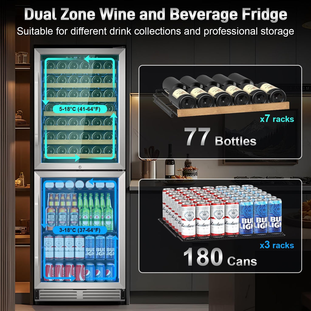 Velivi 24 Inch Wide Wine and Beverage Refrigerator, 2 IN 1 Dual Zone Wine Cooler, Built-In/Freestanding Beverage Wine Fridge with Safety Lock, Low Noise and Fast Cooling Silver