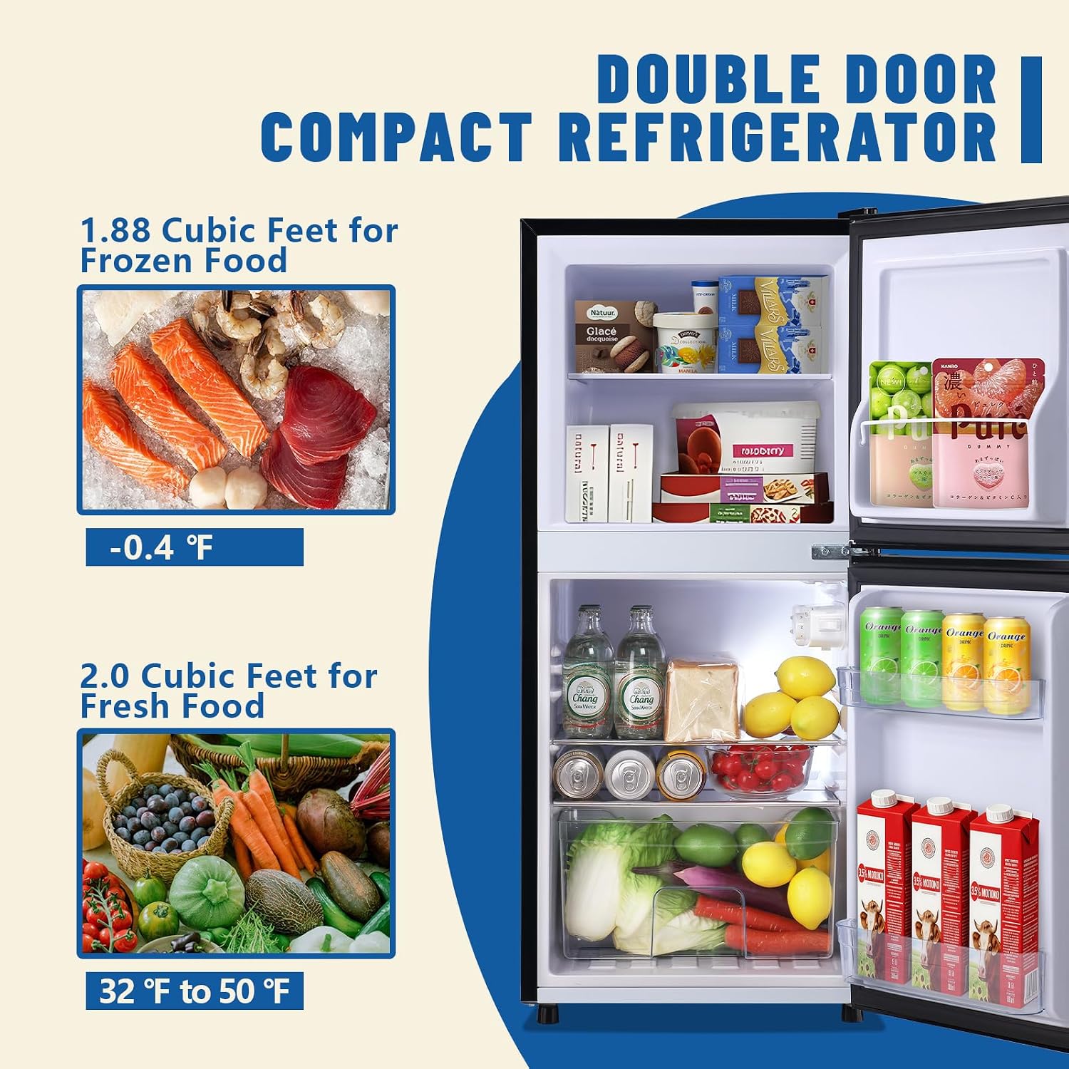 DEMULLER 3.88 CU.FT Capacity Refrigerator with Freezer Double Door Mini Fridge Small Refrigerator with 7 Adjustable Temp Control & 3 Glass Shelves for Kitchen Office Dorm Black