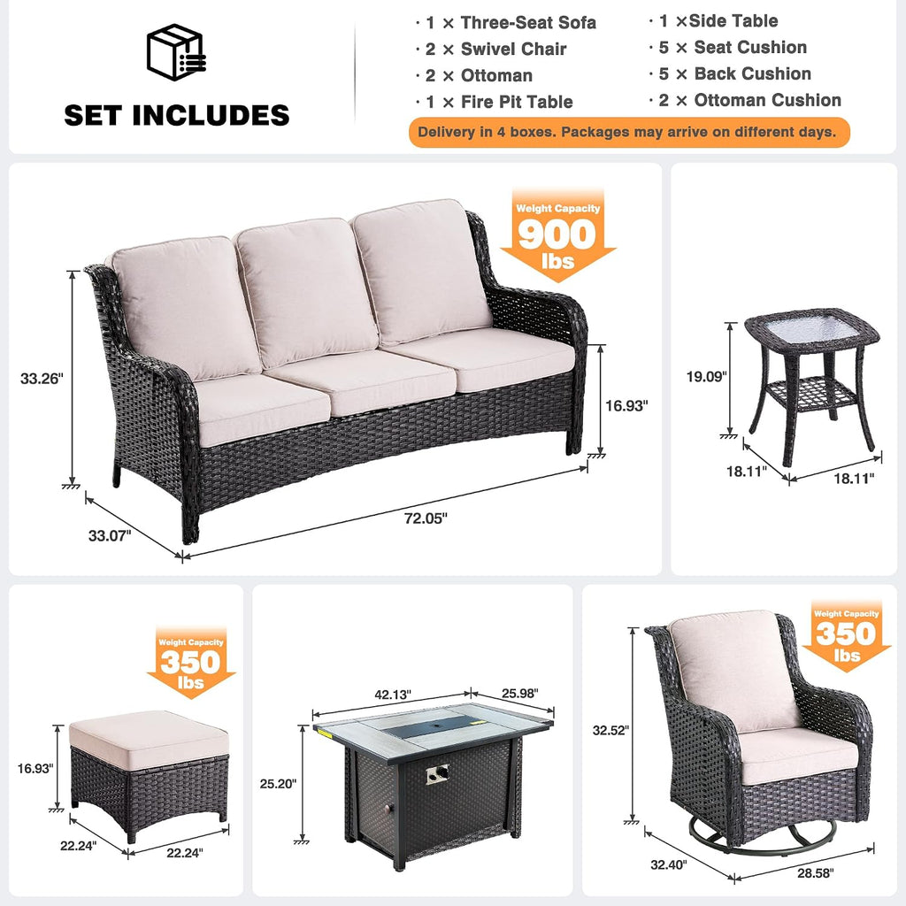 ovios 7 Pieces Patio Furniture Set with 42 inch Fire Pit Table, Outdoor Wicker Sofa Couch Swivel Rocking Glider Chairs, Modern Luxury Conversation Set, Brown Wicker, Beige