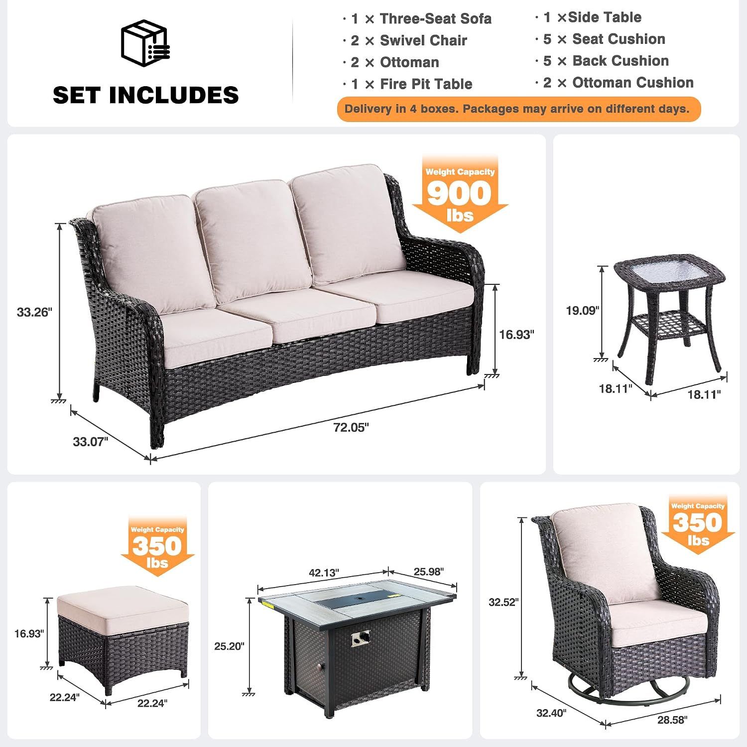 ovios 7 Pieces Patio Furniture Set with 42 inch Fire Pit Table, Outdoor Wicker Sofa Couch Swivel Rocking Glider Chairs, Modern Luxury Conversation Set, Brown Wicker, Beige