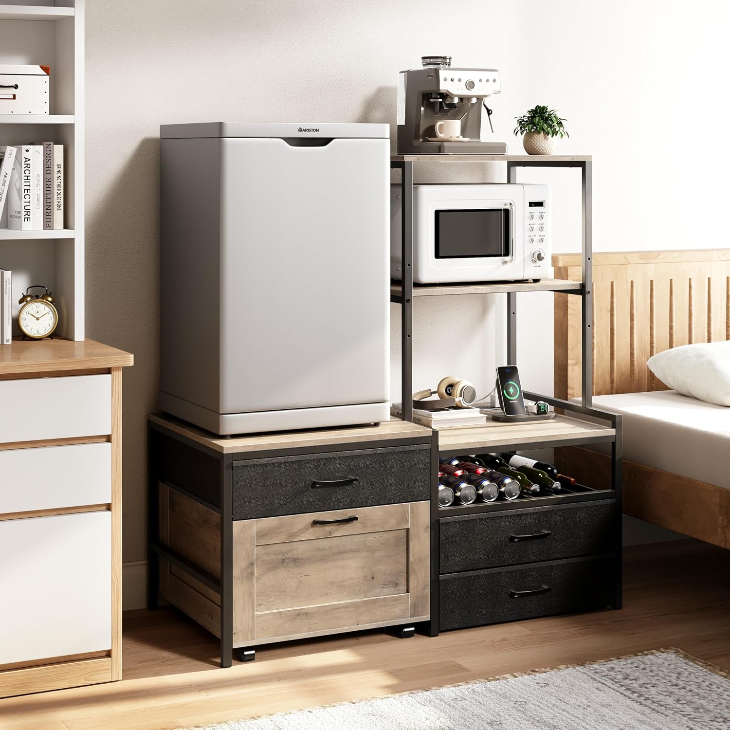 Herture Mini Fridge Stand with Wine Rack, Kitchen Bakers Rack with Power Outlet, Microwave Oven Stand, Coffee Bar, Movable Drawers, for Dorm,Office, Grey HB04BXZ