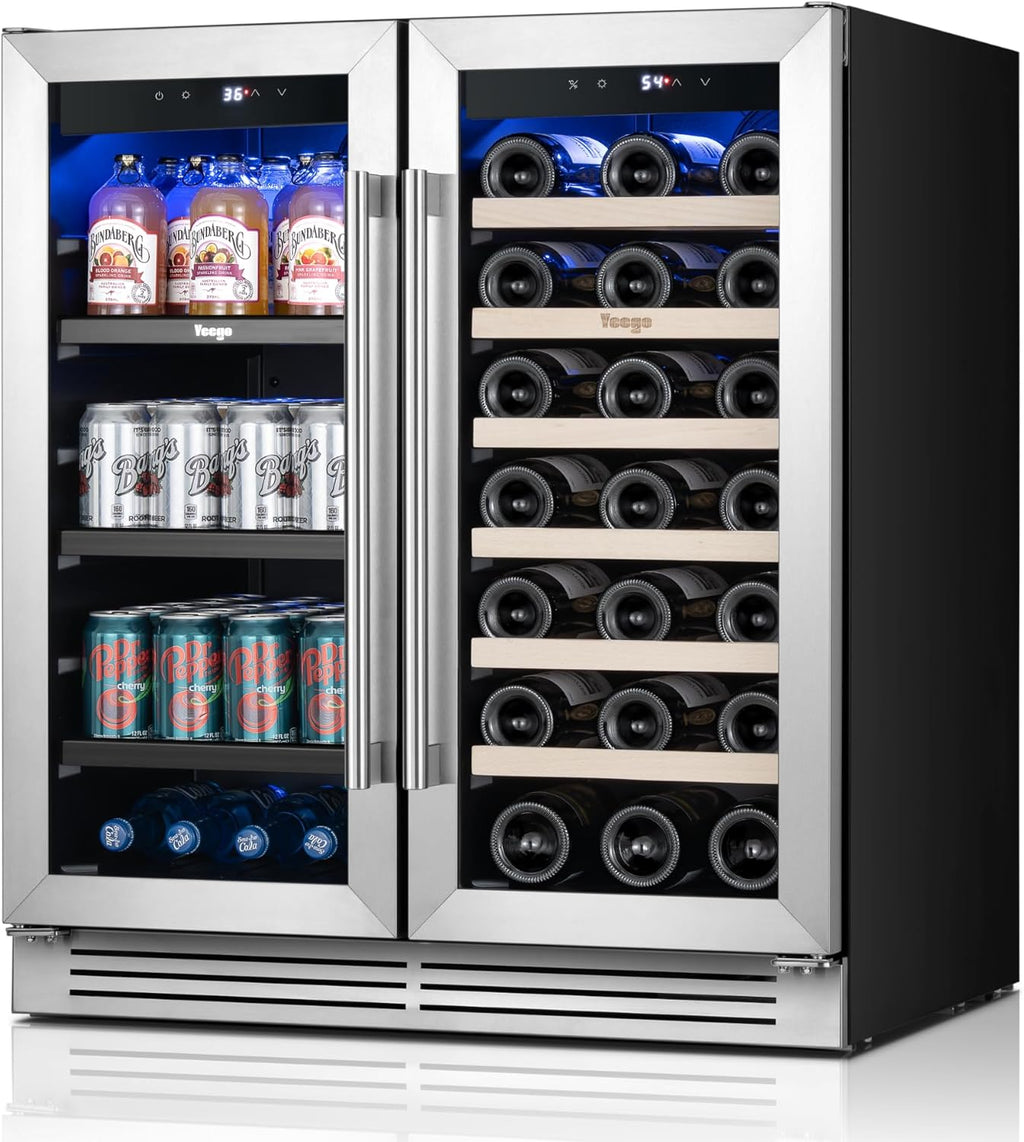 Yeego Wine & Beverage Refrigerator, 30 Inch 80 Cans and 33 Bottles Dual Zone Wine Cooler with Glass Door, 36-72°F Drink Cooler for Built-in or Freestanding, For Kitchen,Bar or Office