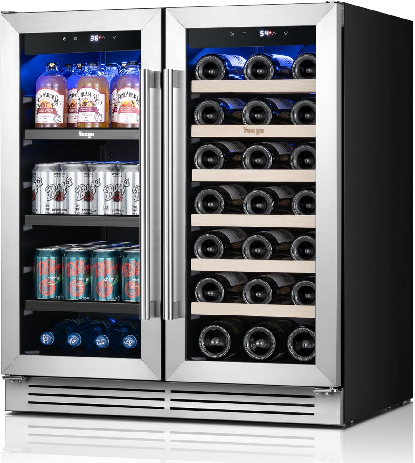Yeego Wine & Beverage Refrigerator, 30 Inch 80 Cans and 33 Bottles Dual Zone Wine Cooler with Glass Door, 36-72°F Drink Cooler for Built-in or Freestanding, For Kitchen,Bar or Office