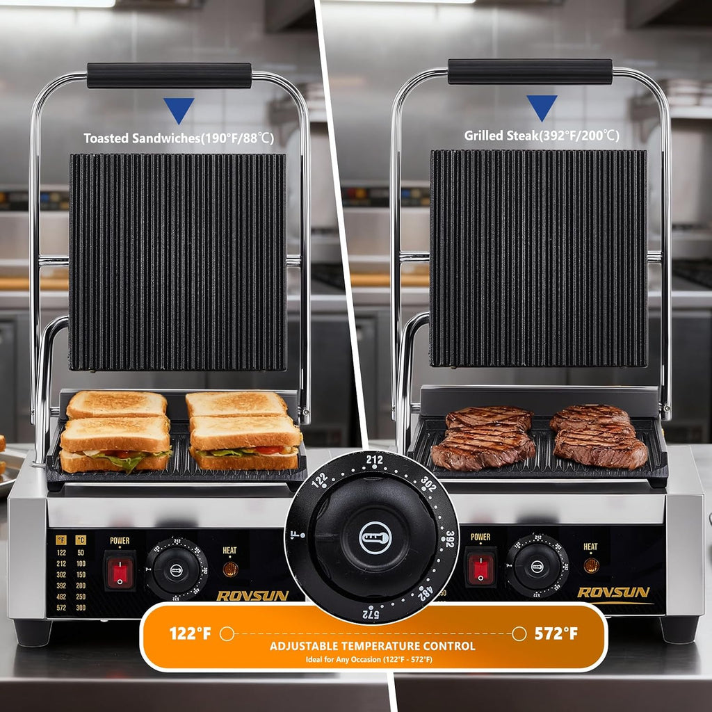 ROVSUN 811 Commercial Panini Press Grill, 1800W Stainless Steel Electric Countertop Sandwich Maker with Adjustable Temp 122°F–572°F, For Steak, Burgers, Home & Restaurant Use, 110V, Silver