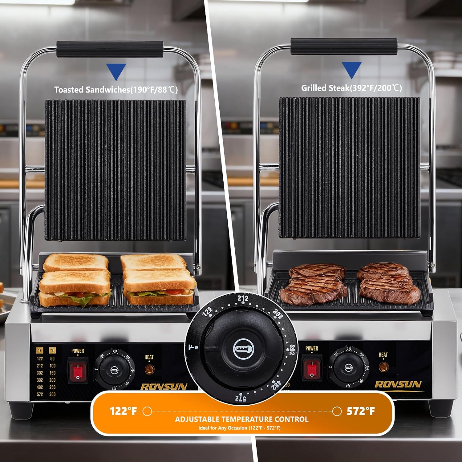 ROVSUN 811 Commercial Panini Press Grill, 1800W Stainless Steel Electric Countertop Sandwich Maker with Adjustable Temp 122°F–572°F, For Steak, Burgers, Home & Restaurant Use, 110V, Silver