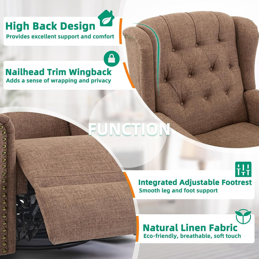 VIVIJASON Power Swivel Rocking Recliner Chair with Massage & Heat, Electric Rocker Nursery Glider Chair, Wingback Tufted Upholstered Recliner W/Type-C & USB Ports for Living Room, Bedroom, Brown