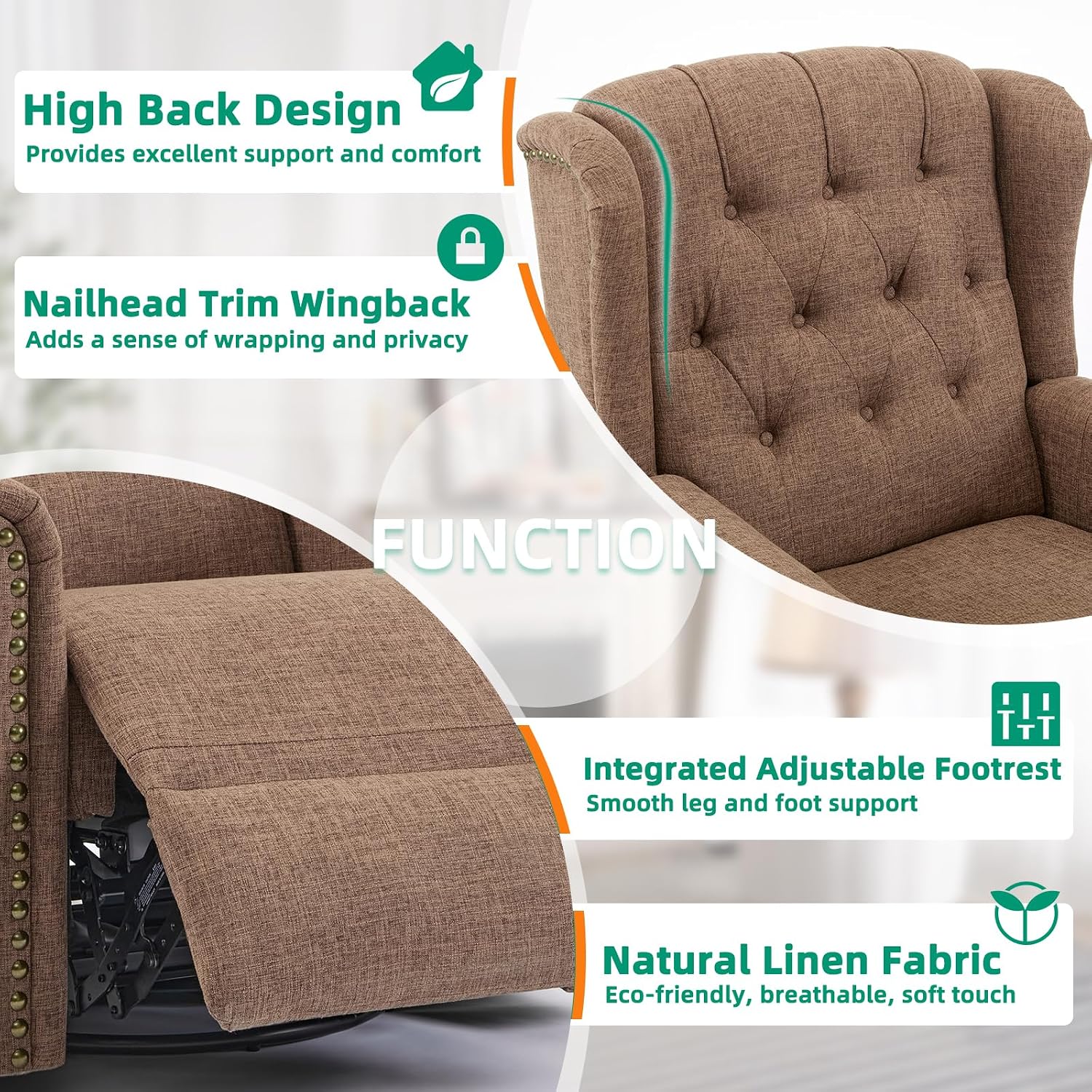 VIVIJASON Power Swivel Rocking Recliner Chair with Massage & Heat, Electric Rocker Nursery Glider Chair, Wingback Tufted Upholstered Recliner W/Type-C & USB Ports for Living Room, Bedroom, Brown