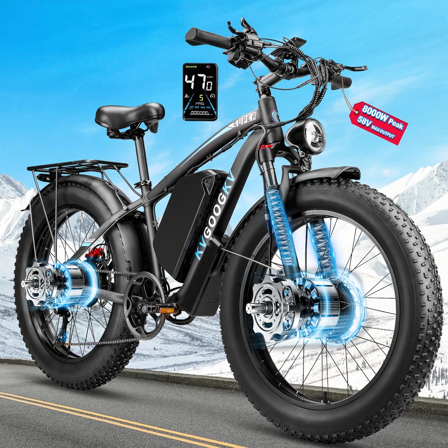 8000W Dual Motor Ebike for Adults,58V Max 34Ah Fast Electric Bike to 42-47MPH,1856Wh Battery Up to 105 Miles,24' Fat Tire Lockable Suspension Electric Bicycle for Snow Off-Road Mountain