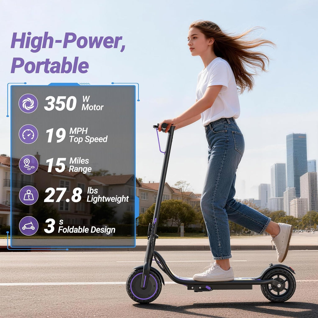 Electric Scooter, 350W-500W Motor, 9 MPH to 22MPH, 10-41 Miles Range, Dual Suspension, Dual Braking, App Control, Foldable Commuter E Scooter for Adults and Teens