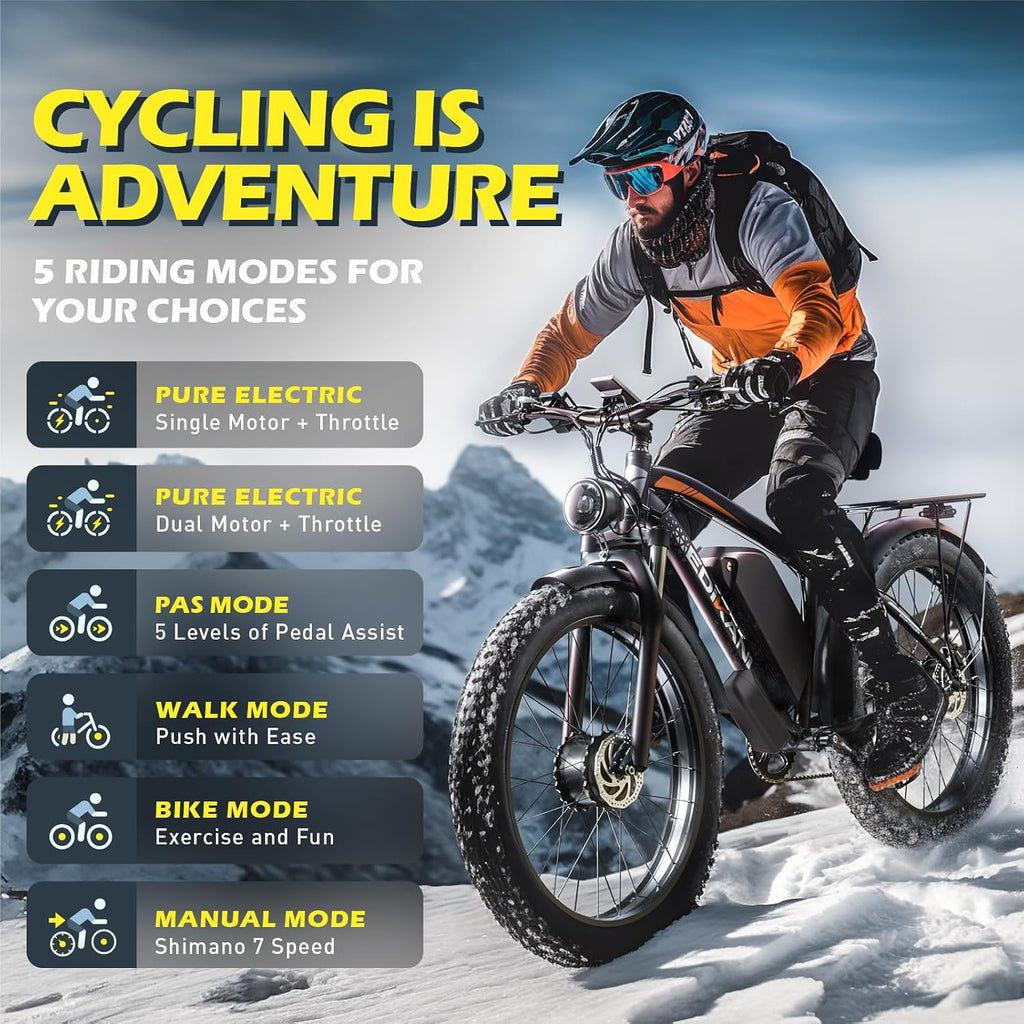 E Bikes for Adults Electric,51 MPH Fast Ebike Peak 6000W 36AH 52V 130 Miles Max, Dual Motor Electric Bike Fat Tire E Bike for Men, 26' Electric Bicycle for Snow Off-Road, Hydraulic Brakes, 7 Speed