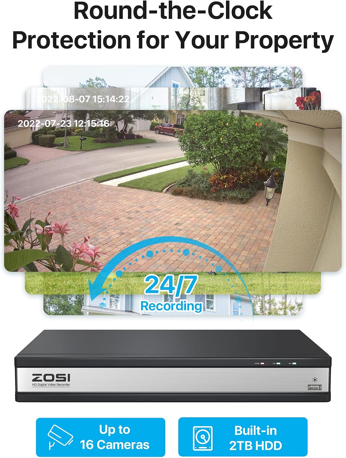 ZOSI H.265+ 16 Channel Security Camera System 1080p, Hybrid DVR Recorder with AI Human Vehicle Detect, 16 x 2MP CCTV Bullet Camera Outdoor Indoor, Night Vision, 90°Wide Angle, Remote Access, 2TB HDD