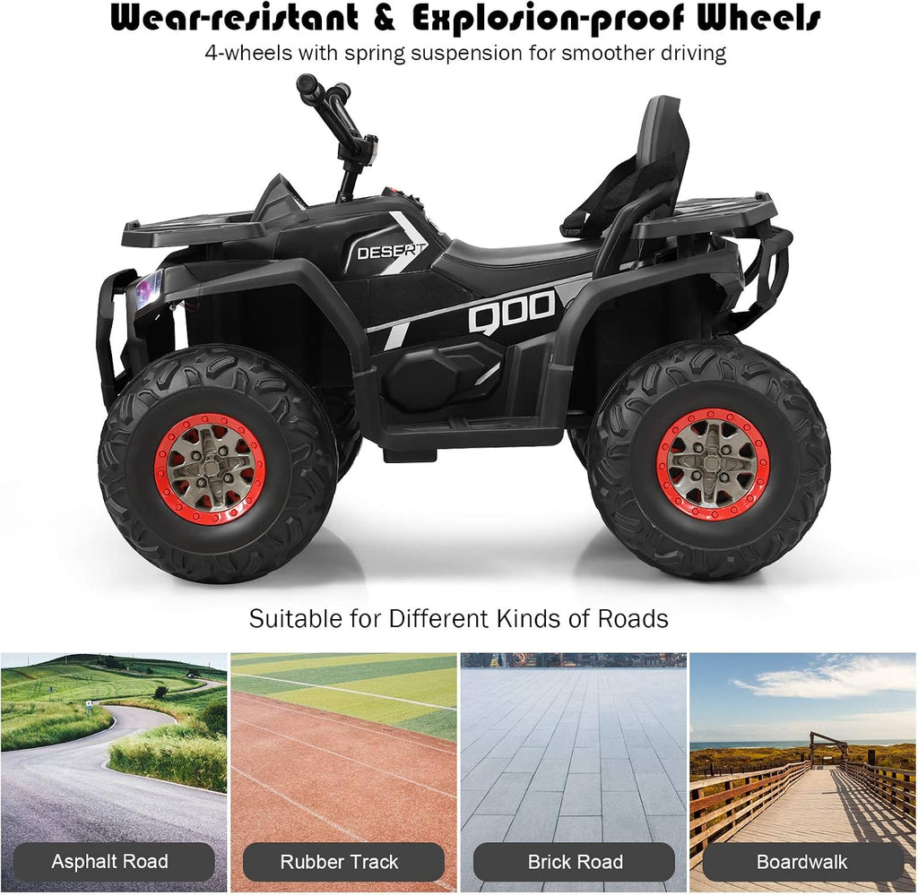 Costzon Kids ATV, 12V Battery Powered Electric Vehicle w/Safety Belt, LED Light, Music, Horn, 2 Speeds, USB/ MP3/TF, Treaded Tires, Ride on Car 4 Wheeler Quad for Boy & Girl Gift, Ride on ATV, Black