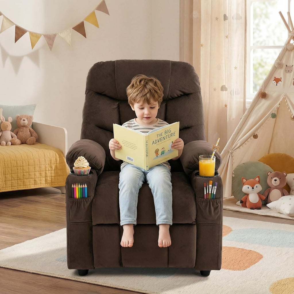 Donut Larger Kids Reclining Chair Velvet Fabric Recliner Sofa Push Back Lounge Children Toddler Boys Girls Ages 3-12 with Dual Cup Holders and 4 Pockets