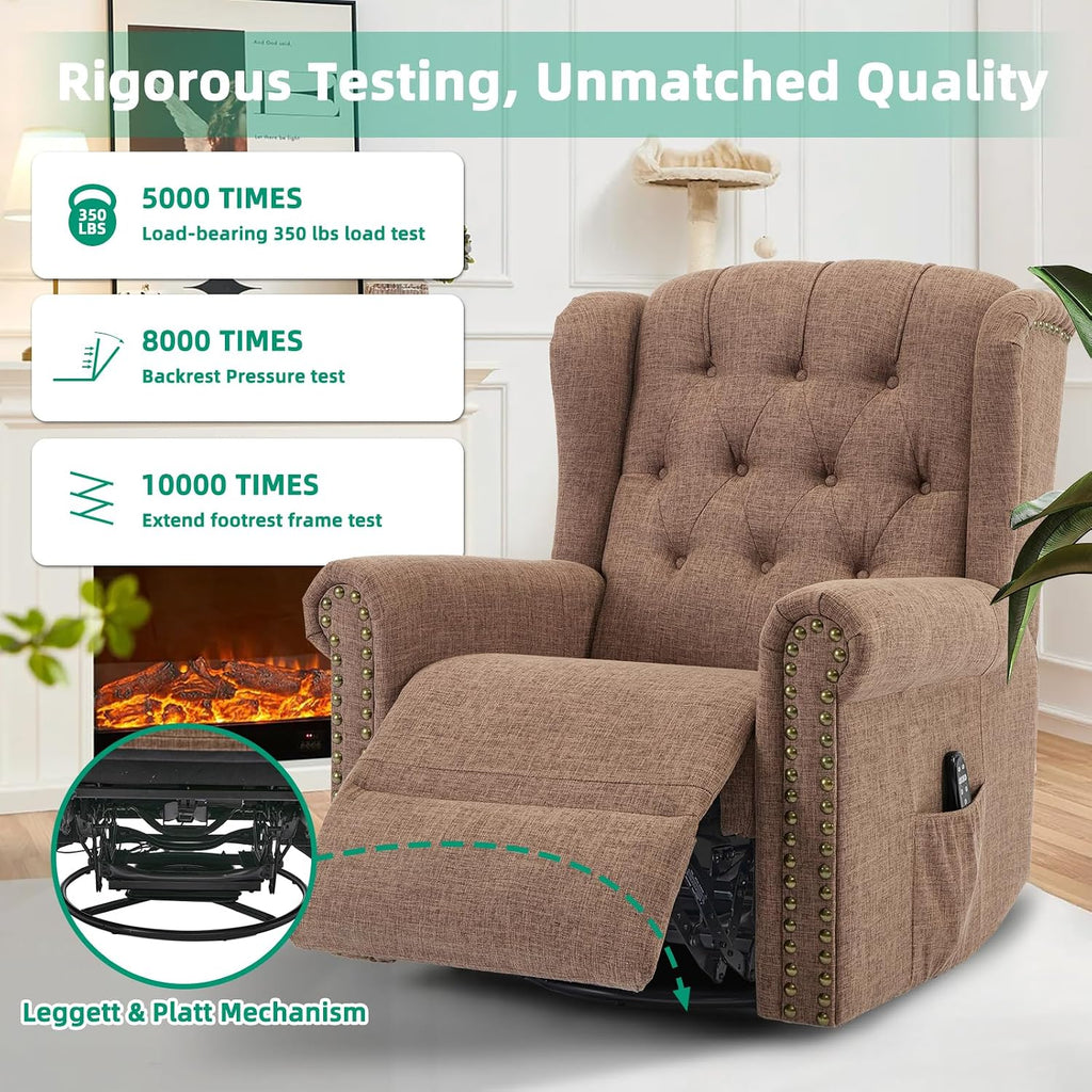 VIVIJASON Power Swivel Rocking Recliner Chair with Massage & Heat, Electric Rocker Nursery Glider Chair, Wingback Tufted Upholstered Recliner W/Type-C & USB Ports for Living Room, Bedroom, Brown