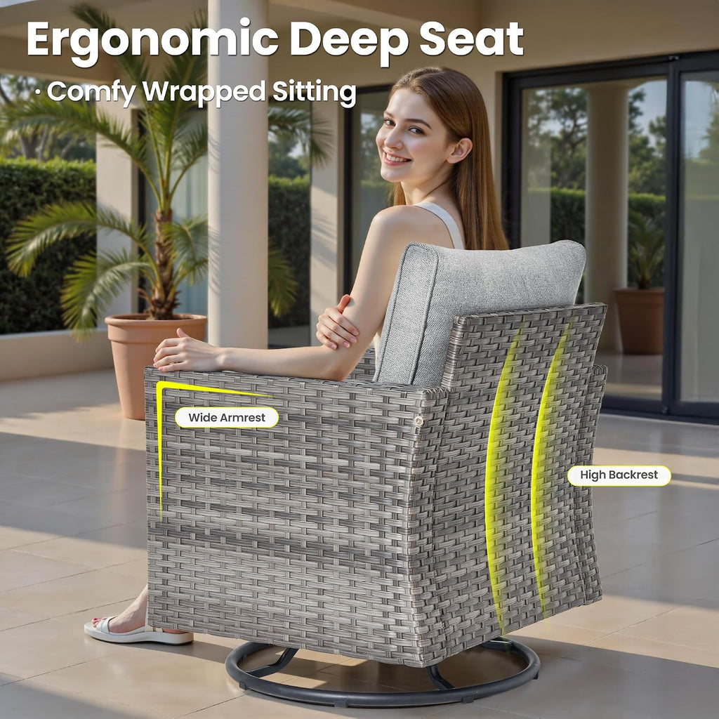 ovios 3 Pieces Patio Swivel Chairs with Side Table, Outdoor Wicker Rocking Chairs of 2 with Comfy Cushions, Rattan Glider Rocker Bistro Set for Porch Deck, Dark Grey