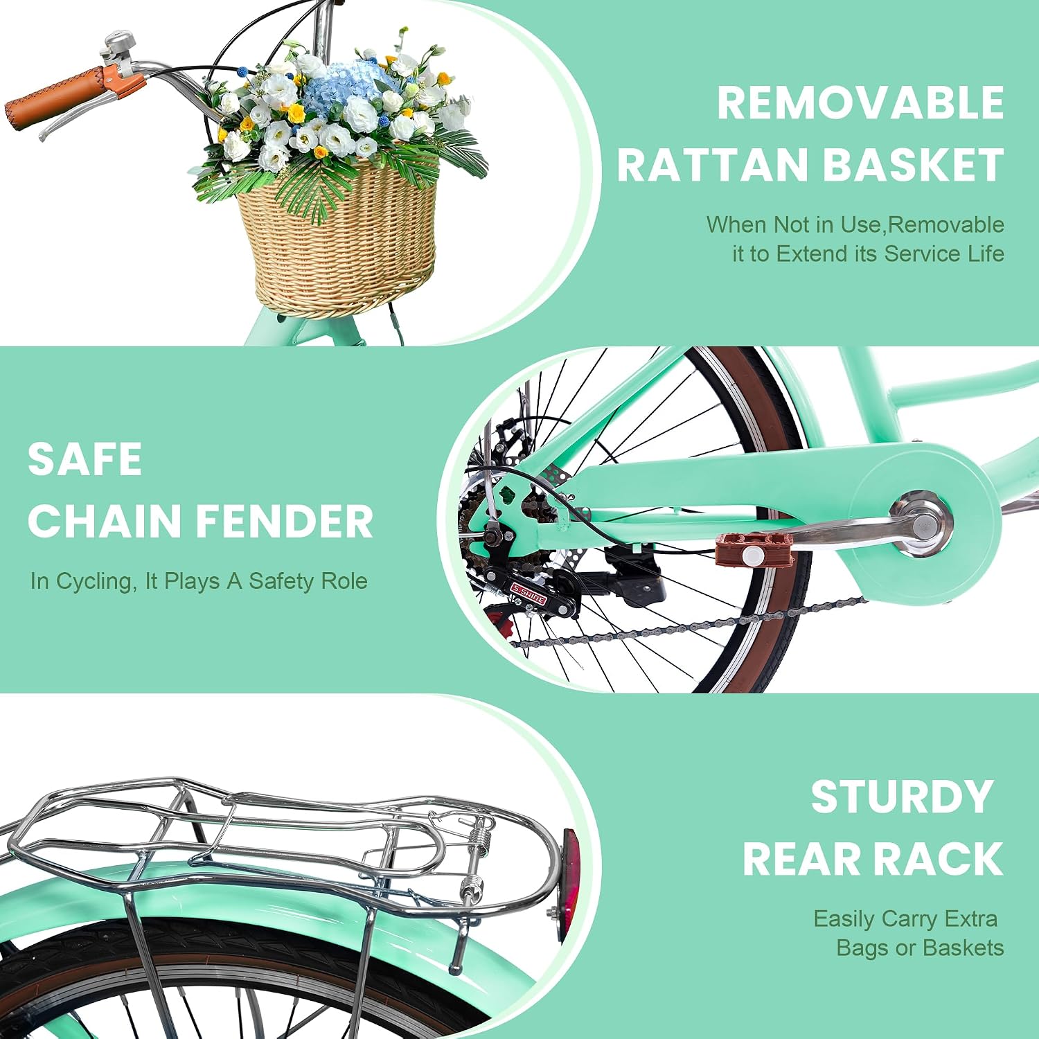DEYGIA Beach Cruiser Bike for Women, 24 26 inch 7 Speed Commute Bike for Adults, Womens Bicycle with Ratten Basket and Adjustable Seat, Lightweight Step Through Bike for Adults Women Ladies