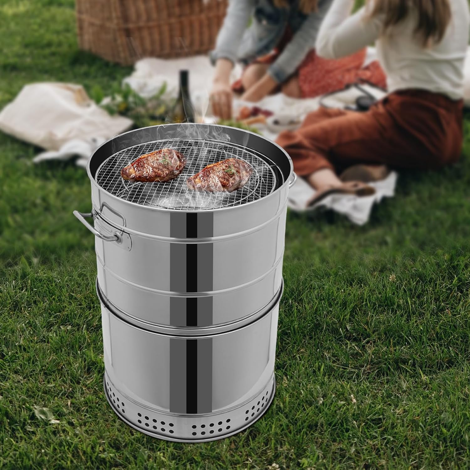 Portable Charcoal BBQ Grill, 26 Inch 360° Rotating Hanging Grill with Oil-Carbon Separation, Smokeless Stainless BBQ Grill Barrel for Camping, Garden, Picnic, Outdoor Cooking