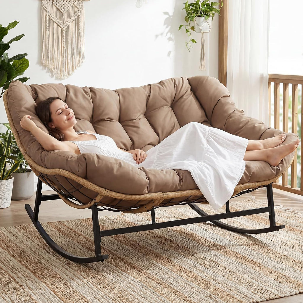 NICESOUL Double Large Papasan Chair Outdoor, Oversized 2 Person Egg Rocking Chair with Cushions, 700 lbs Heavy-Duty Wicker Loveseat Recliner Glider for Outdoor & Indoor Patio, Balcony & Garden, Brown