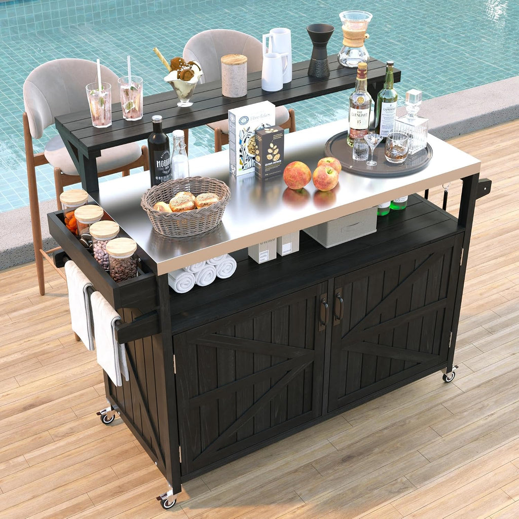Unique 53.3' Outdoor Kitchen Island with Raised Shelf,Solid Wood Storage Cabinet with Stainless Steel Top,Rolling Grill Cart with Internal Storage Rack, Adjustable Shelf, Spice Rack (Black#e)