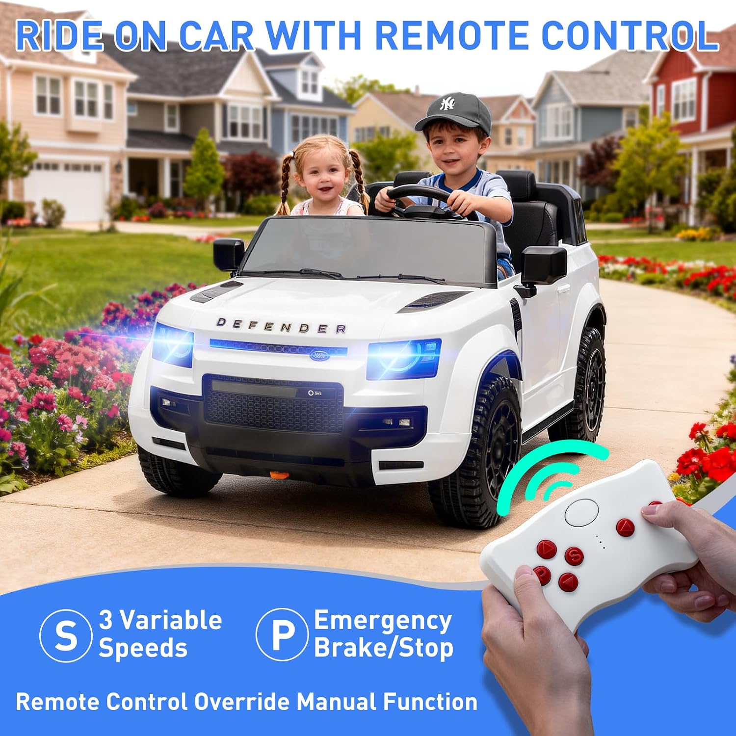 MINIATURE MOTORS 24V Ride on Toys for Big Kids, 2-Seater Toddlers Licensed Electric Car Remote Control, 3.7mph Max Speed, Bluetooth Music, Shovel, Seat Belt, 4-Wheeler Suspension, Boy Girl Gift-White
